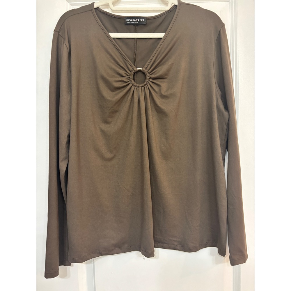 Liz & Sara Brown Long Sleeve O-Ring Blouse V-Neck Top Super Soft Womens 2X